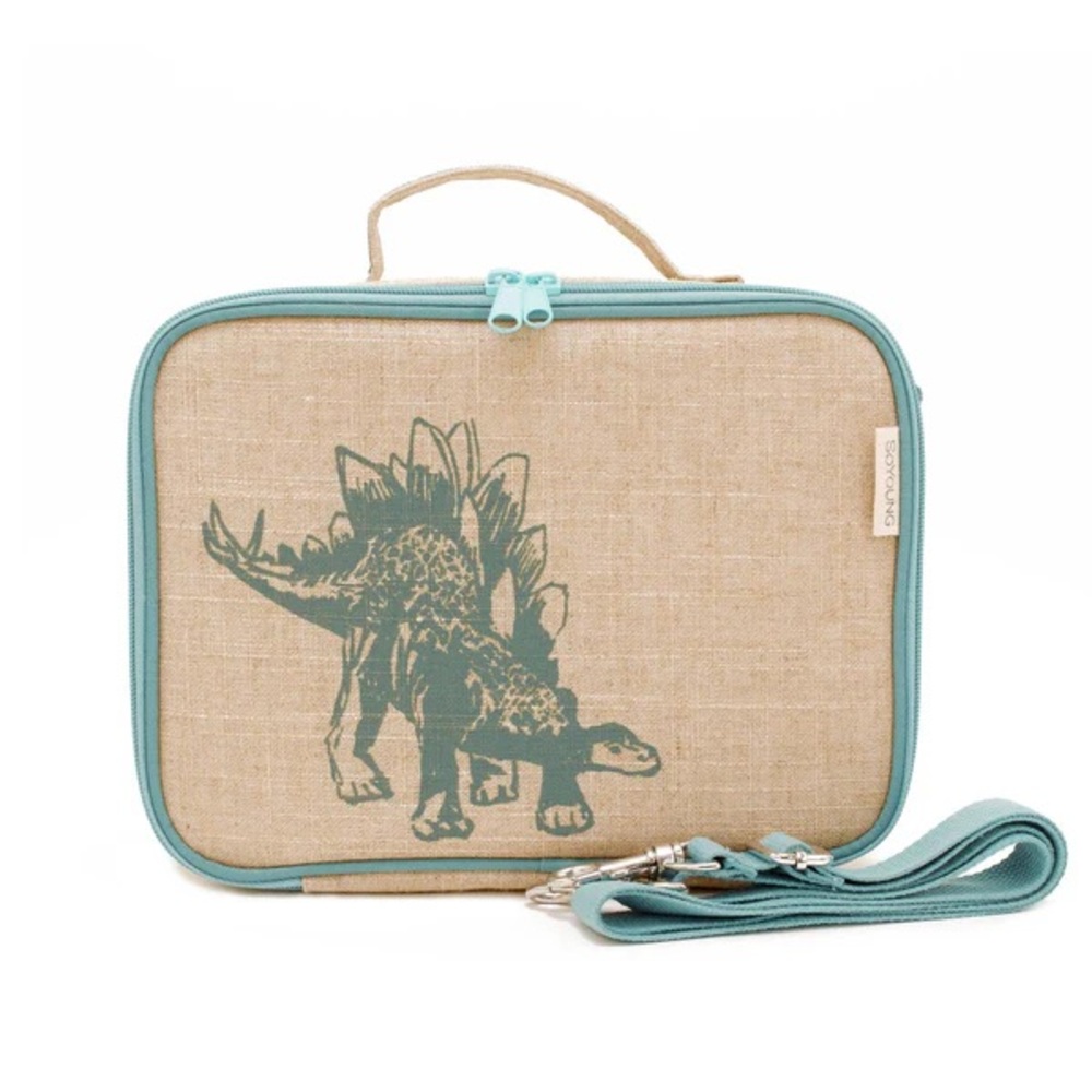 Dinosaur Stagasaurus Print Kids Linen Lunch Bag - Tan and Green